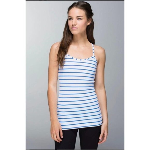 lululemon athletica Tops - Lululemon Power Y Built In Bra Sports Top Tank White Blue Stripes Size 6